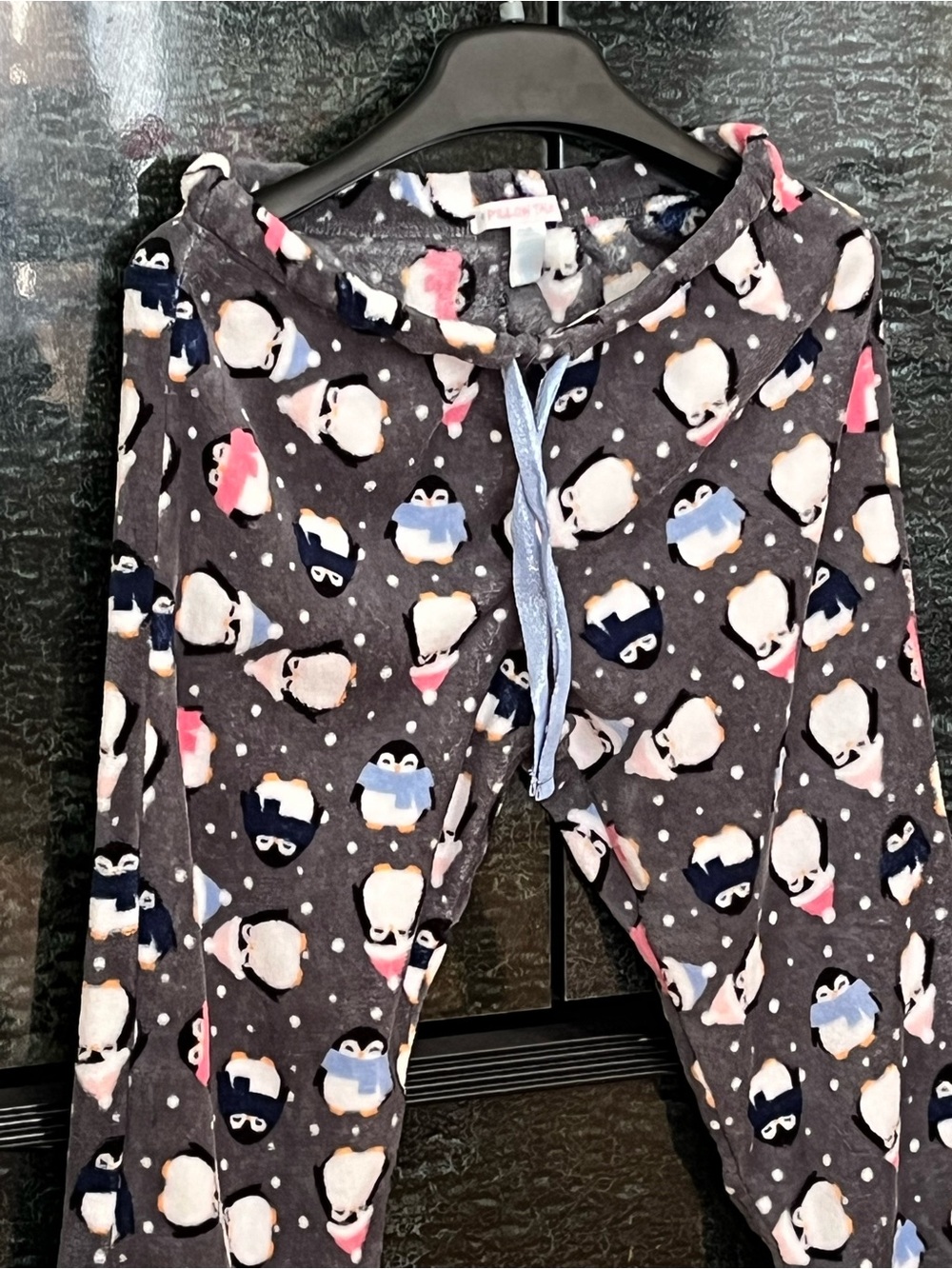 2/25Gray Penguin in Winter Attire Fleece Pajama Pants with Light Blue Drawstring